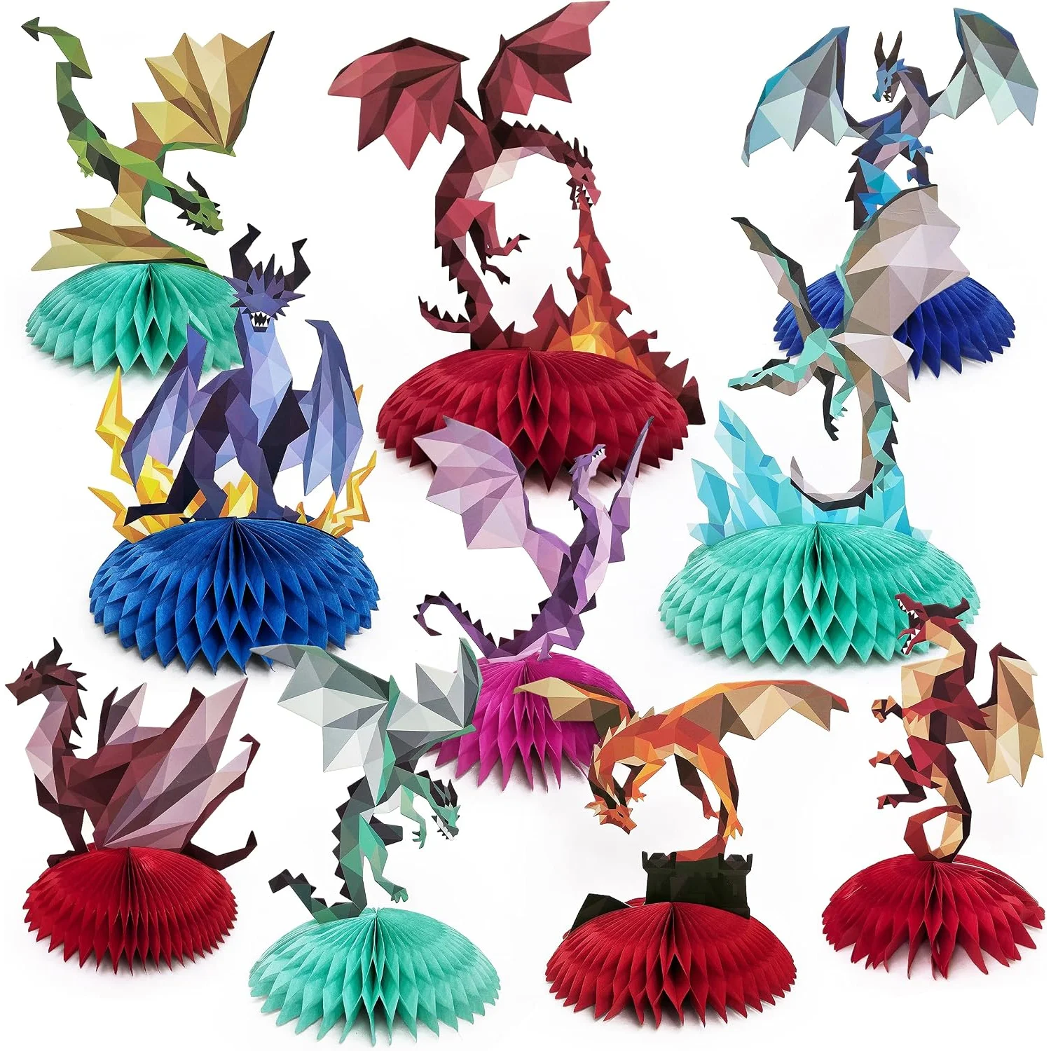 10Pc Fire Wings Dragon Party Decor Cardboard Medieval Dragon Honeycomb Centerpiece Fantasy Castle Table Boy Birthday Decorations