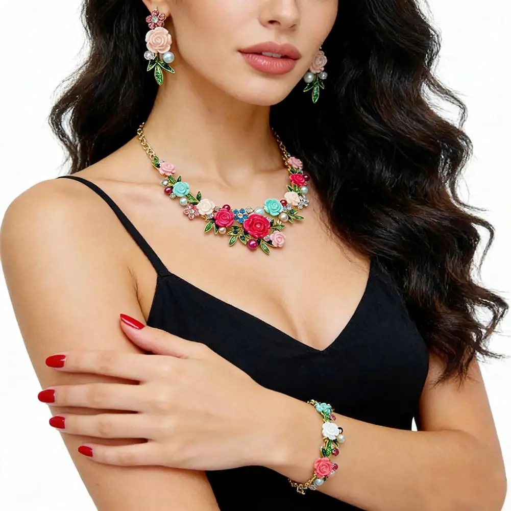 Cost-effective Jewelry Set Camellia Flower Choker Necklace Set Faux Pearl Rhinestone Earrings Elegant Jewelry for Women Wear