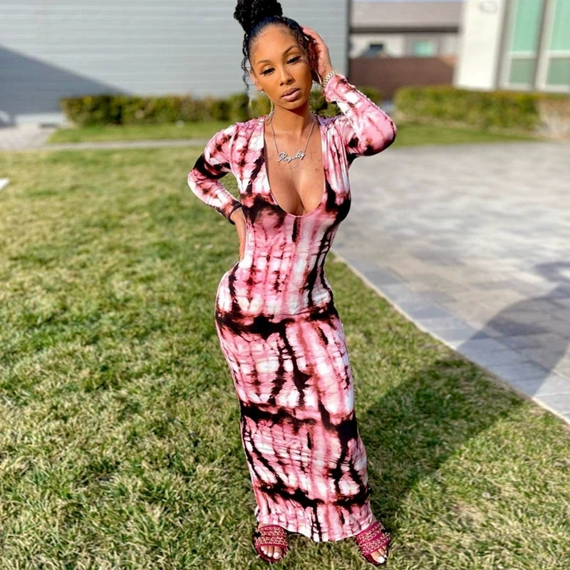 タイダイプリントボディコンドレス,ローカットタイトドレス,Vネック,レディースファッション,気質ストリートウェア,パーティードレス