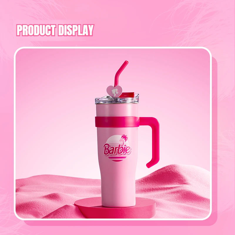 Authentic MINISO Barbie Capsule Big Mac Steel Cup 1600ml Large Capacity Straw Cup Insulated Sports Water Cup with Handle