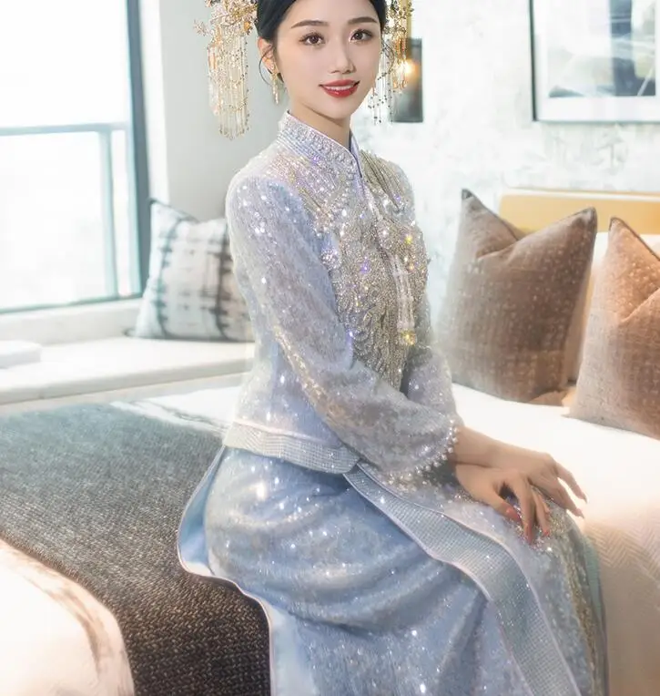 

Chinese Wedding Dress Delicate Blue Phoenix Cheongsam Embroidery Evening Spring Vintage