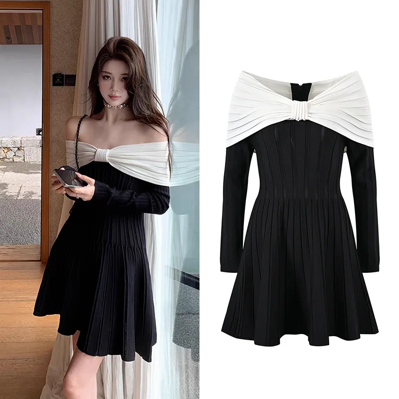 

Summer 2025 Knot Color Blo Sexy One oulder Knitted Dr High Waist A-Line Skirt Long Sve Basic Sle for Women