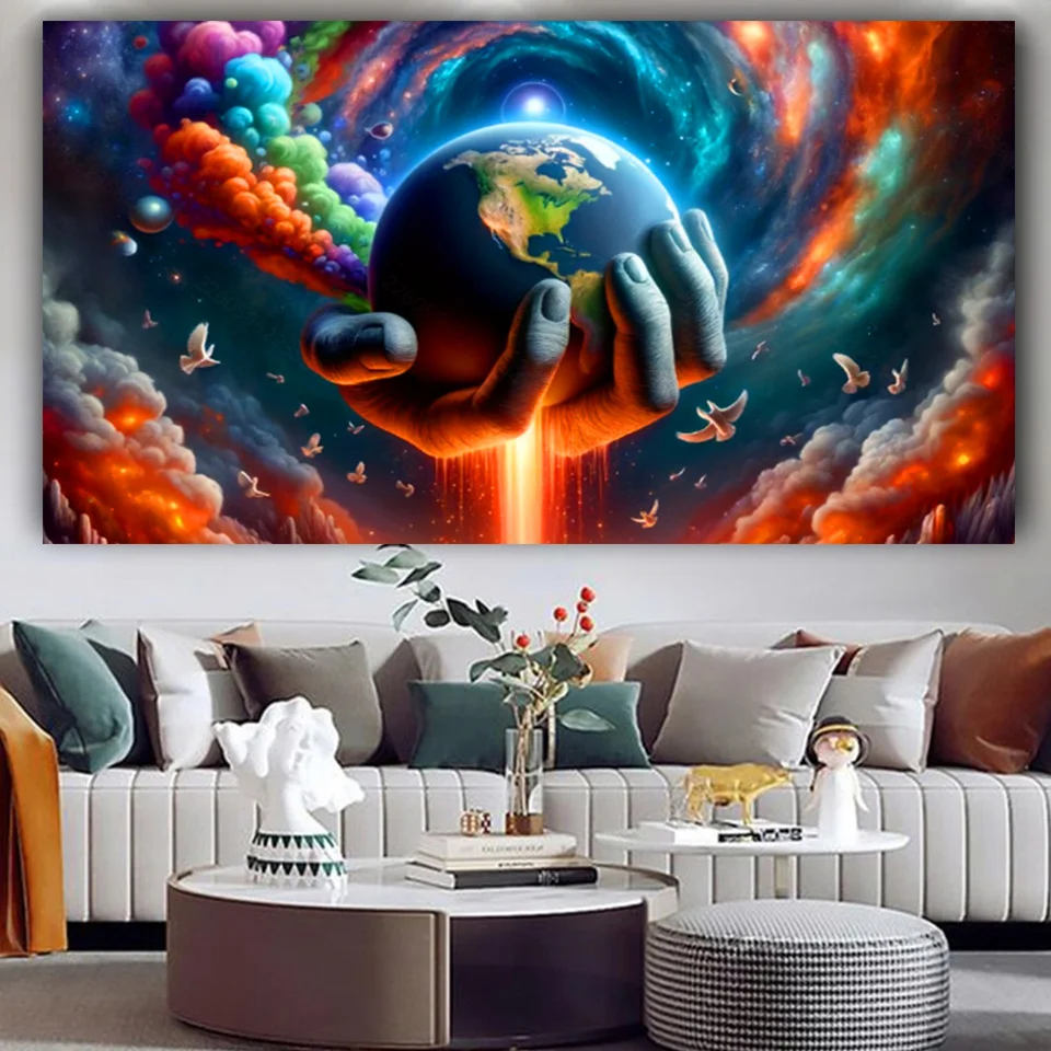 New Diamond Painting Surreal Landscape,Hand holding Earth,Multicolor Smoke Rises From It Into Cosmic Sky DIY Embroidery Mosaic