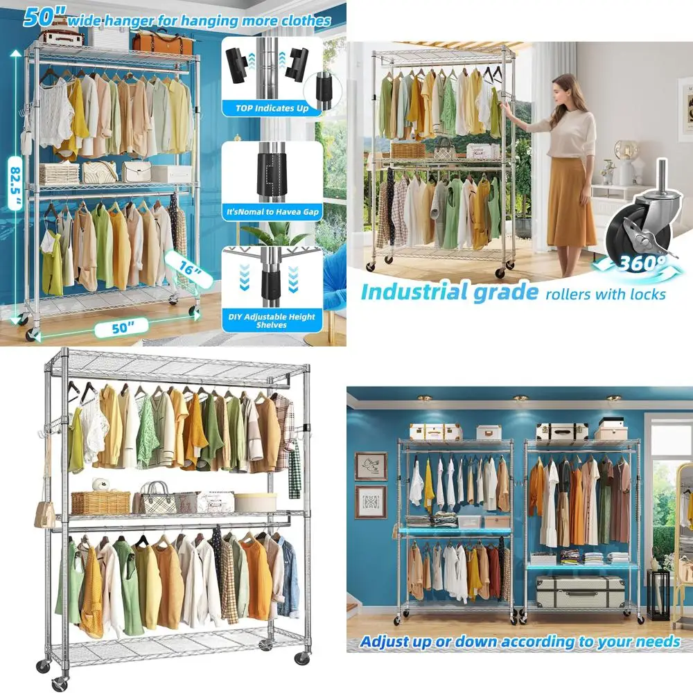 

3-х уровневая сверхмощная вешалка для одежды на колесиках с двойными подвесными стержнями и колесами, хромированная отделка