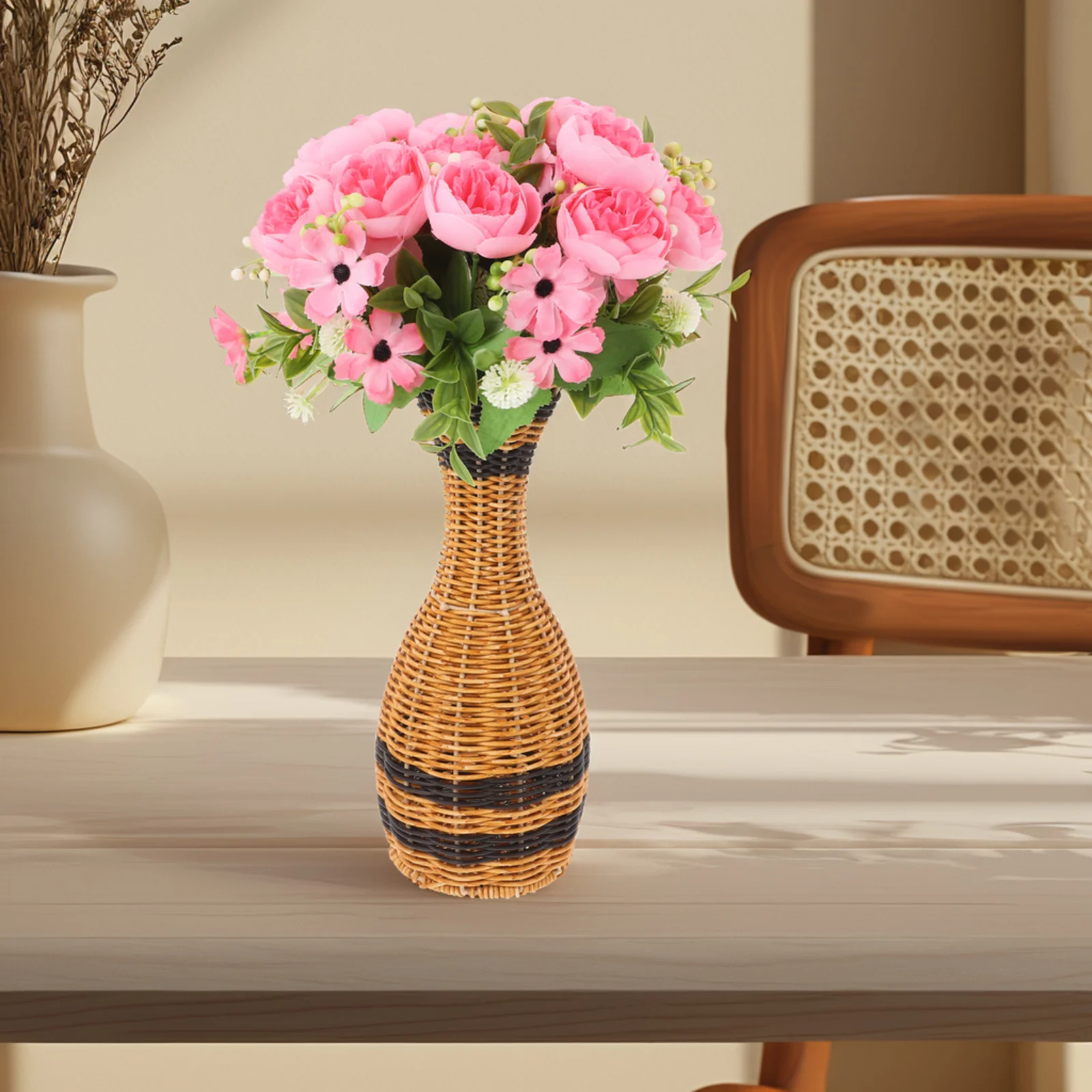 مزهرية داخلية منسوجة يدويًا بأسلوب الروطان، حاوية للزهور المجففة، مزهرية زخرفية بطراز المزرعة، تصميم عصري أنيق للمكتب