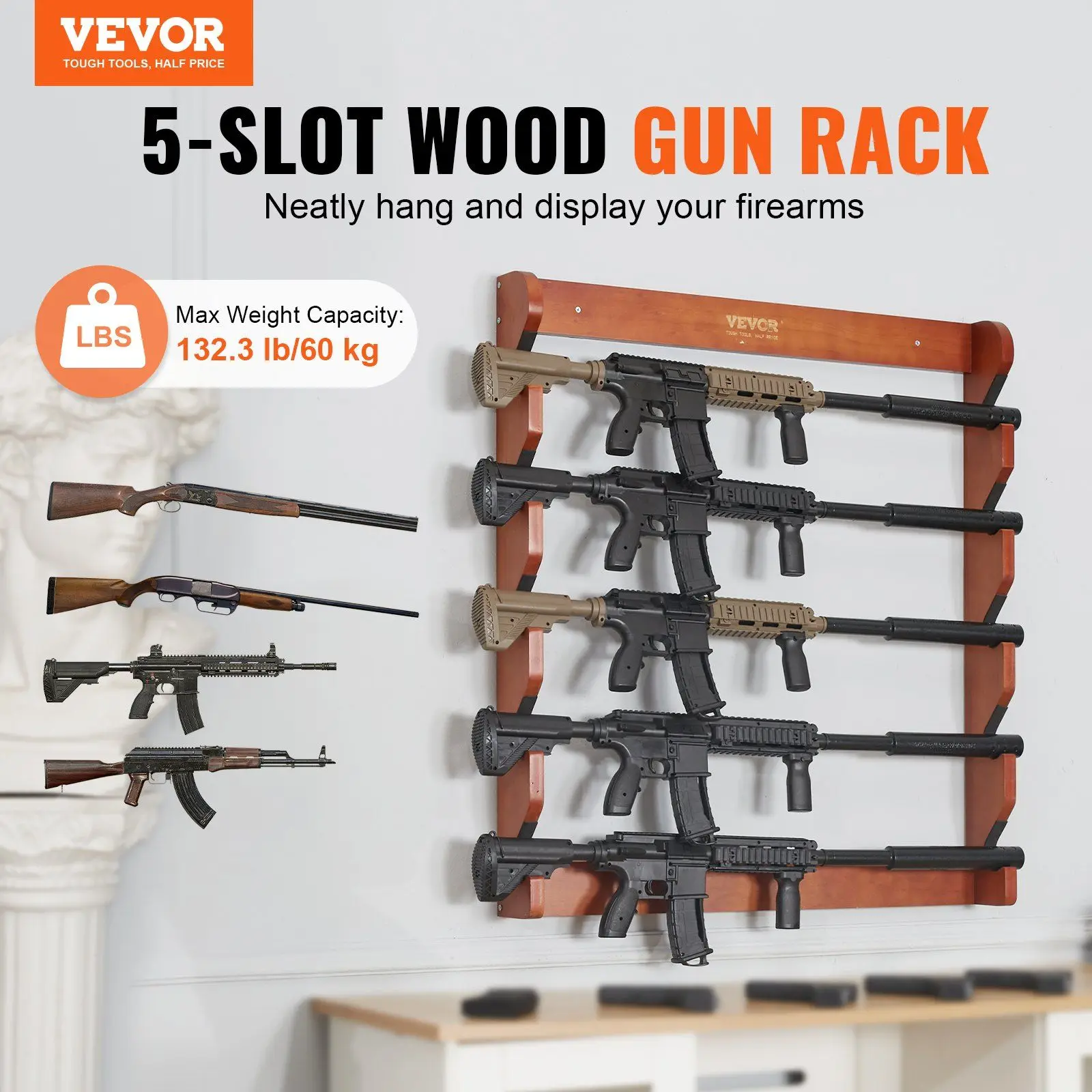 Gun Rack, Wood Gun Rack Wall Mount, Gun Display Rack holds 5 Rifles, Shotguns, 132 lb Heavy Duty Wall Storage Display Rifle Rac