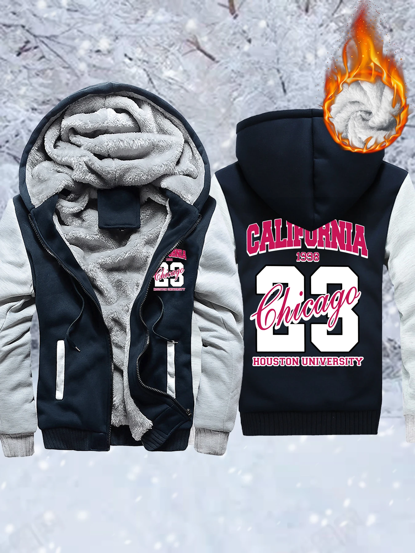 

California Chicago Houston University Printed Men Thicken Coats Winter Fleece Jacket Casual Zipper Streetwear Oversized Clothes