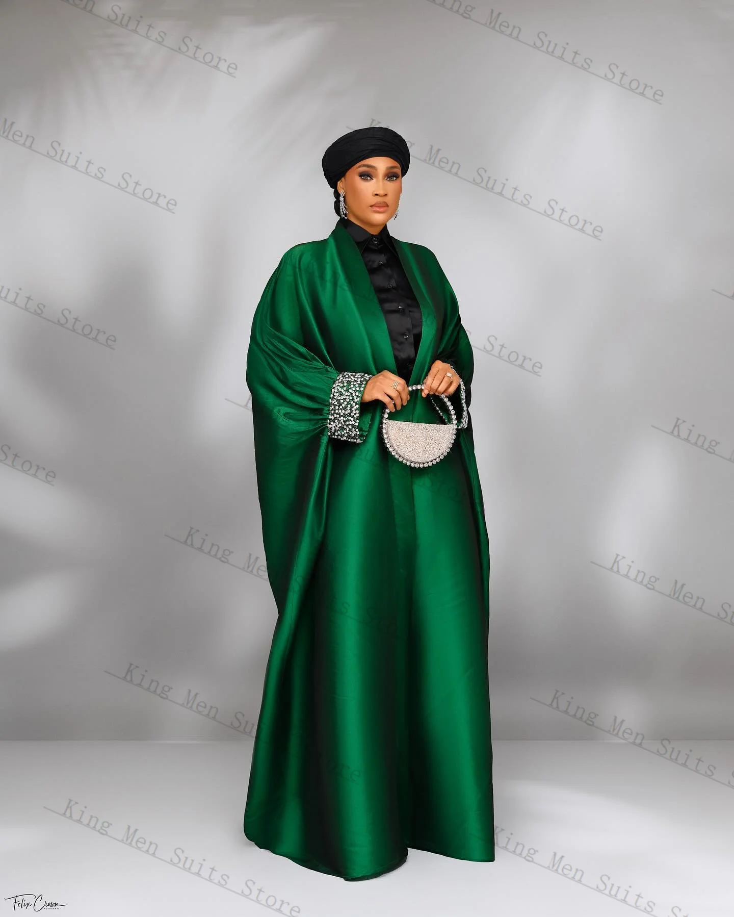 Green Satin Women Suit 1 Piece Long Blazer Prom Dress Robes Customized Formal Office Lady Crystals Wedding Tuxedos Party Coat