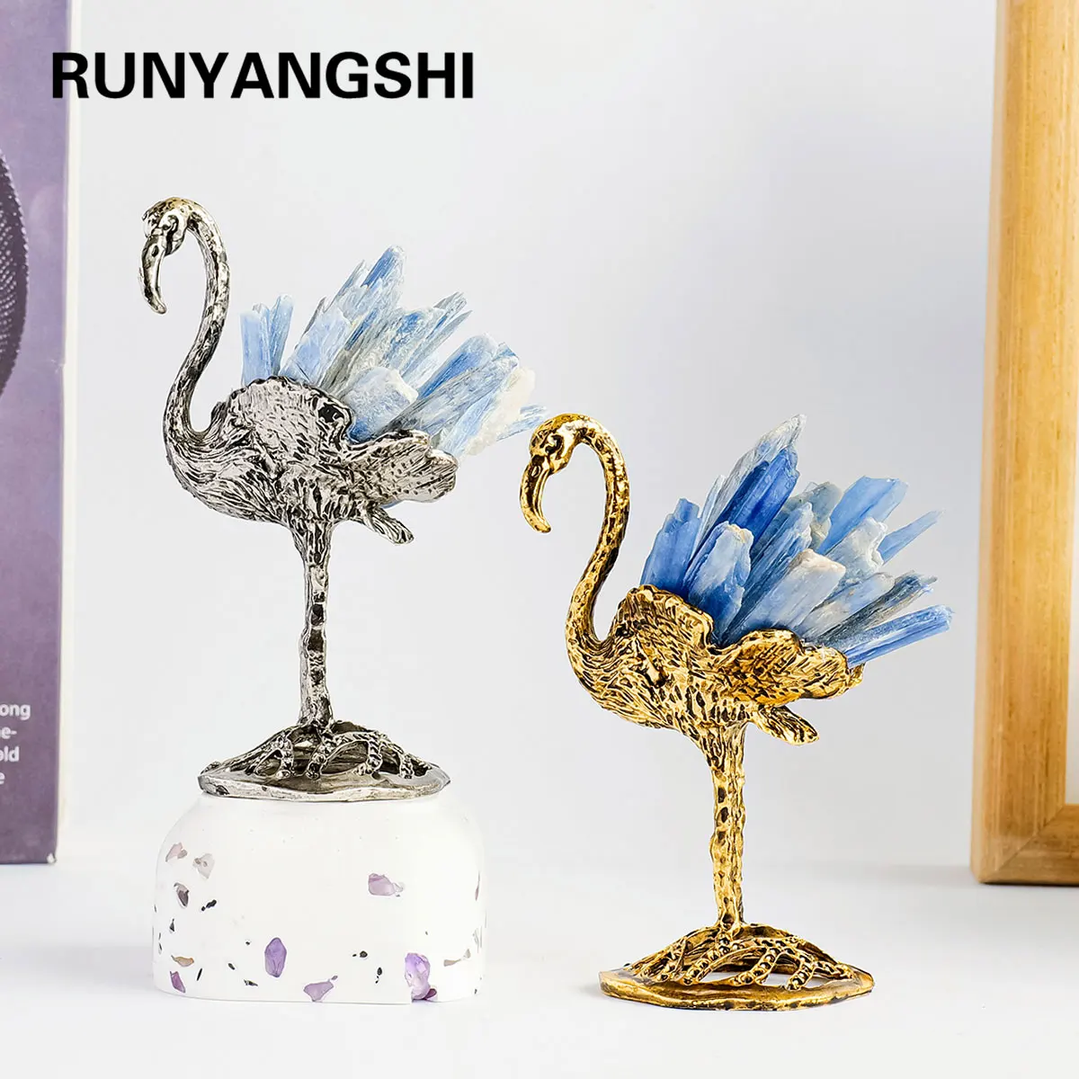 1 قطعة مجموعة الأحجار الكيانيت الطبيعية مع قاعدة معدنية ذهبية للمنزل سطح المكتب شفاء كريستال الديكور لتقوم بها بنفسك فلامنغو ديسي