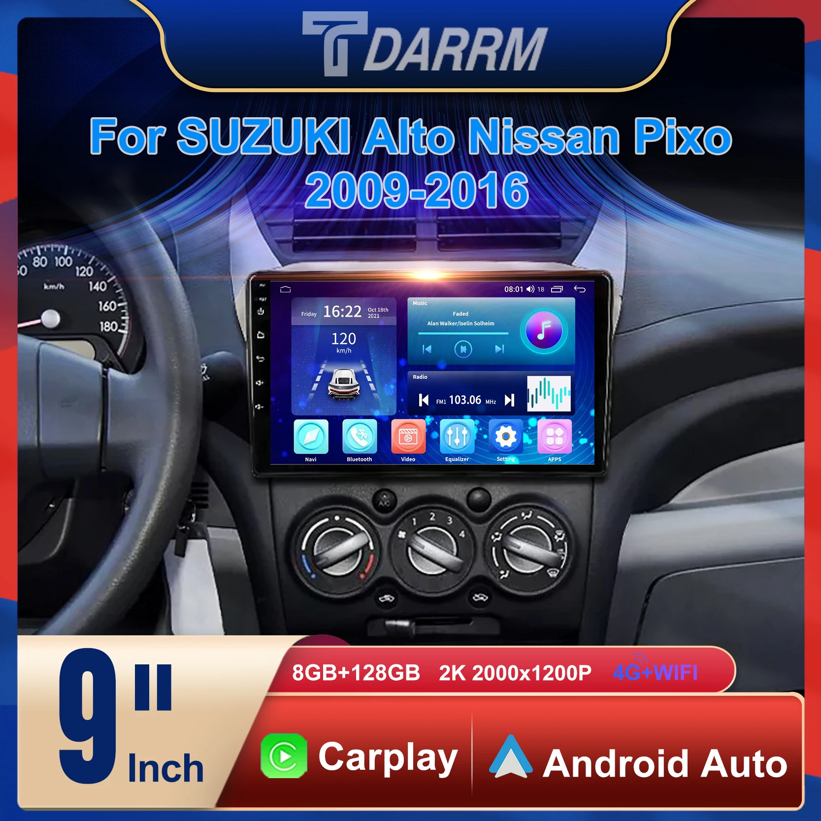 

Автомобильный радиоприемник Android 12, мультимедийный видеоплеер CarPlay, 9-дюймовый экран, головное устройство, 2K QLED-экран для Suzuki Alto Nissan Pixo 2009-2013