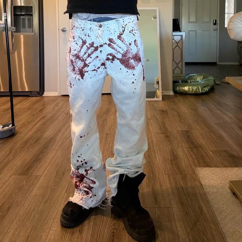 

Harajuku белые мужские мешковатые джинсы ретро ужас кровь с принтом руки модные уличные хип-хоп Y2K унисекс широкие брюки