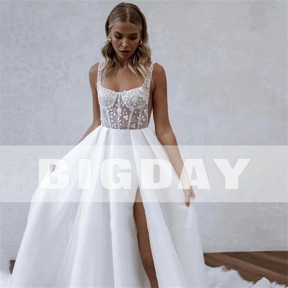 A-Line Wedding Dress Women Lace Open Back Square Collar Spaghetti Straps Split Bridal Gown Train Vestidos De Noiva Customized