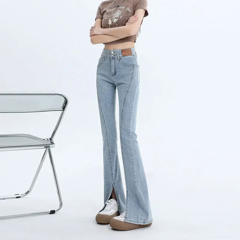 High-Waisted Elastic Bootcut Jeans Women's Double-Buttoned Straight-Leg Denim Trousers With Side Slims Smooths Your Silhouette