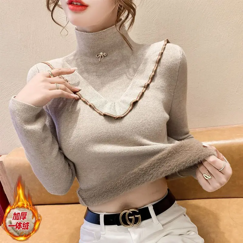 Fashion Western-style Integrated Velvet Sweater Women 2024 New Autumn and Winter High-end Feeling with Thick Velvet Base Sweater