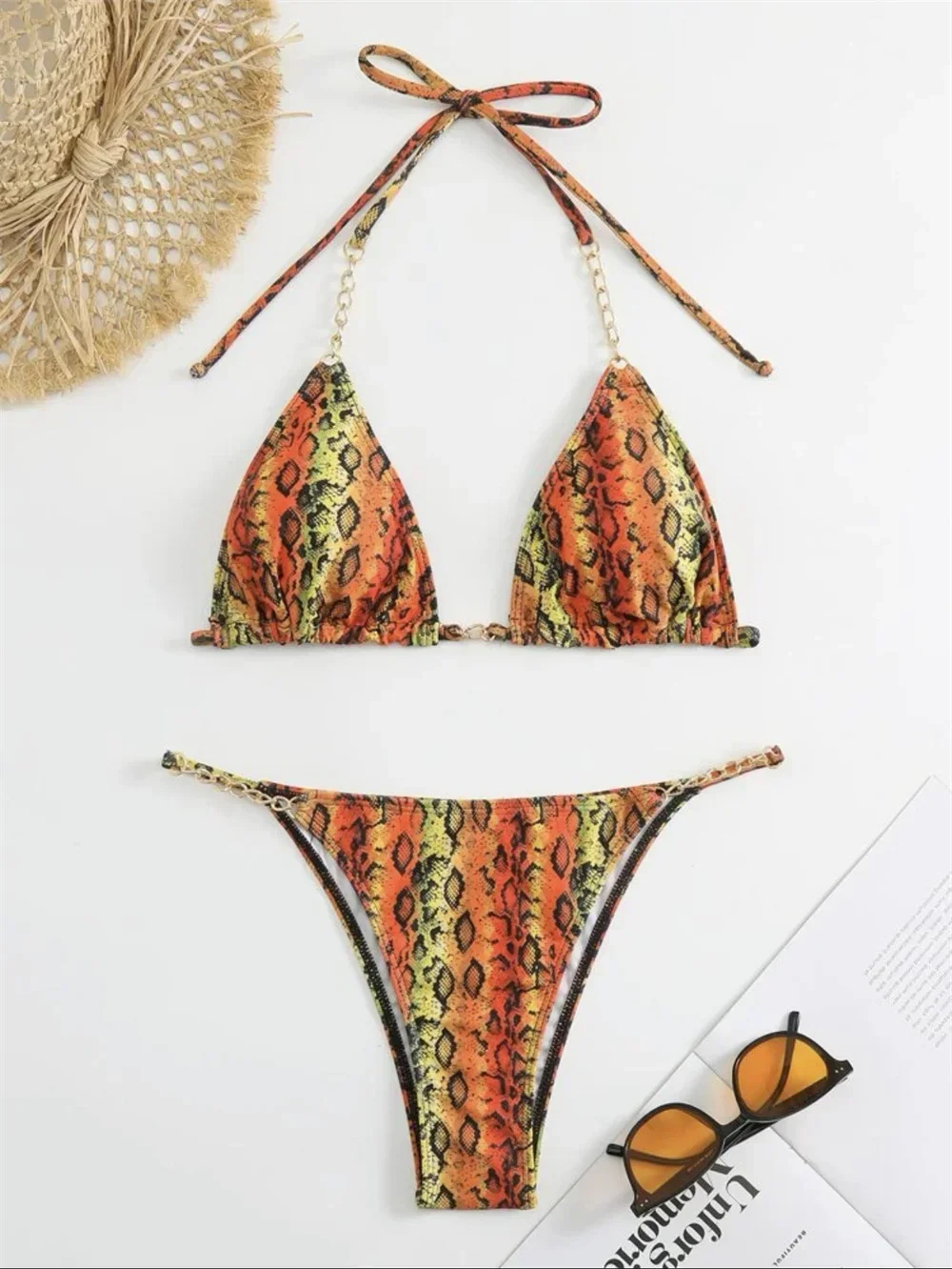 

Triangle Sexy Chains Bikini Snake Print Y2K String Swimsuit Thong Push Up Swimwear Women Two Piece Brazil BeachWear Bathing Suit