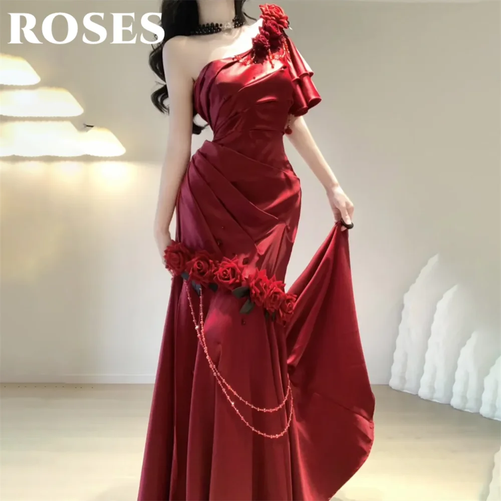 ROSES Mermaid Elegant One Shoulder Prom Dress Gown with 3D-Flower Split Satin Burgundy Party Dress for Woman 프롬 드레스 Customized