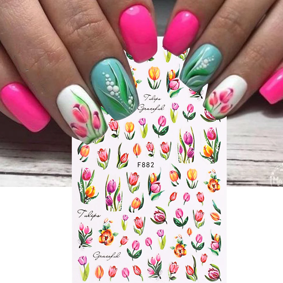 

Elegant Tulip Summer Nail Sticker Orchid Green Leaf Japanese Style Manicure Decal Cartoon Gentle Nails Accessories And Tool F882