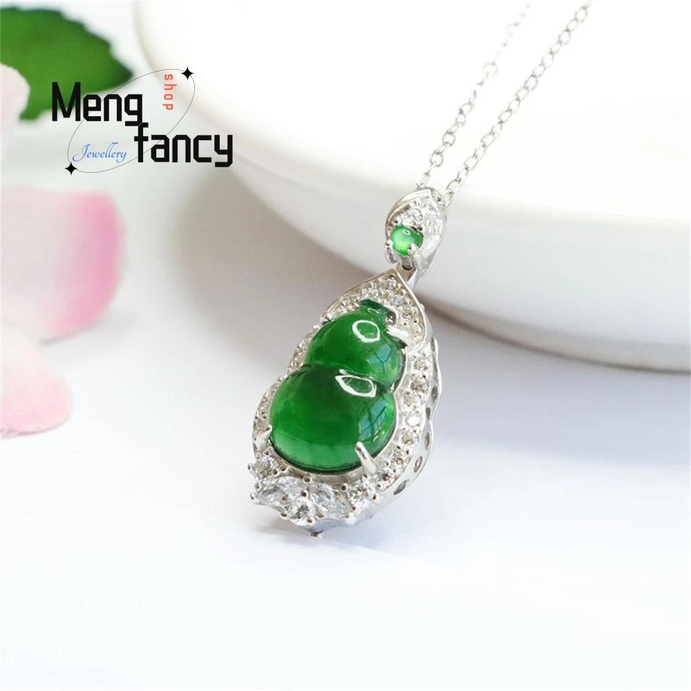 S925 Silver Inlaid Natural Jadeite Ice Type Imperial Green Gourd Pendant Exquisite Elegant High-grade Charm Fashion Fine Jewelry