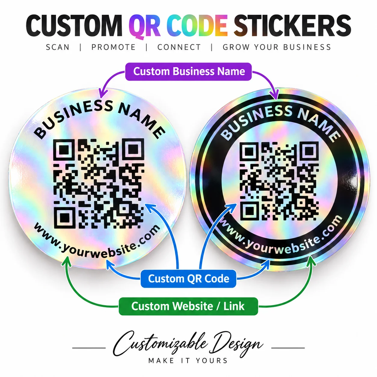 Customized Laser Qr Code Stickers, Which Can Scan the Qr Code for Logo, Name, and Url Labels. Rainbow Holographic Waterproof Self-Adhesive Stickers, Suitable for Product Packaging, Small Business Brand Promotion, and Gift Sealing