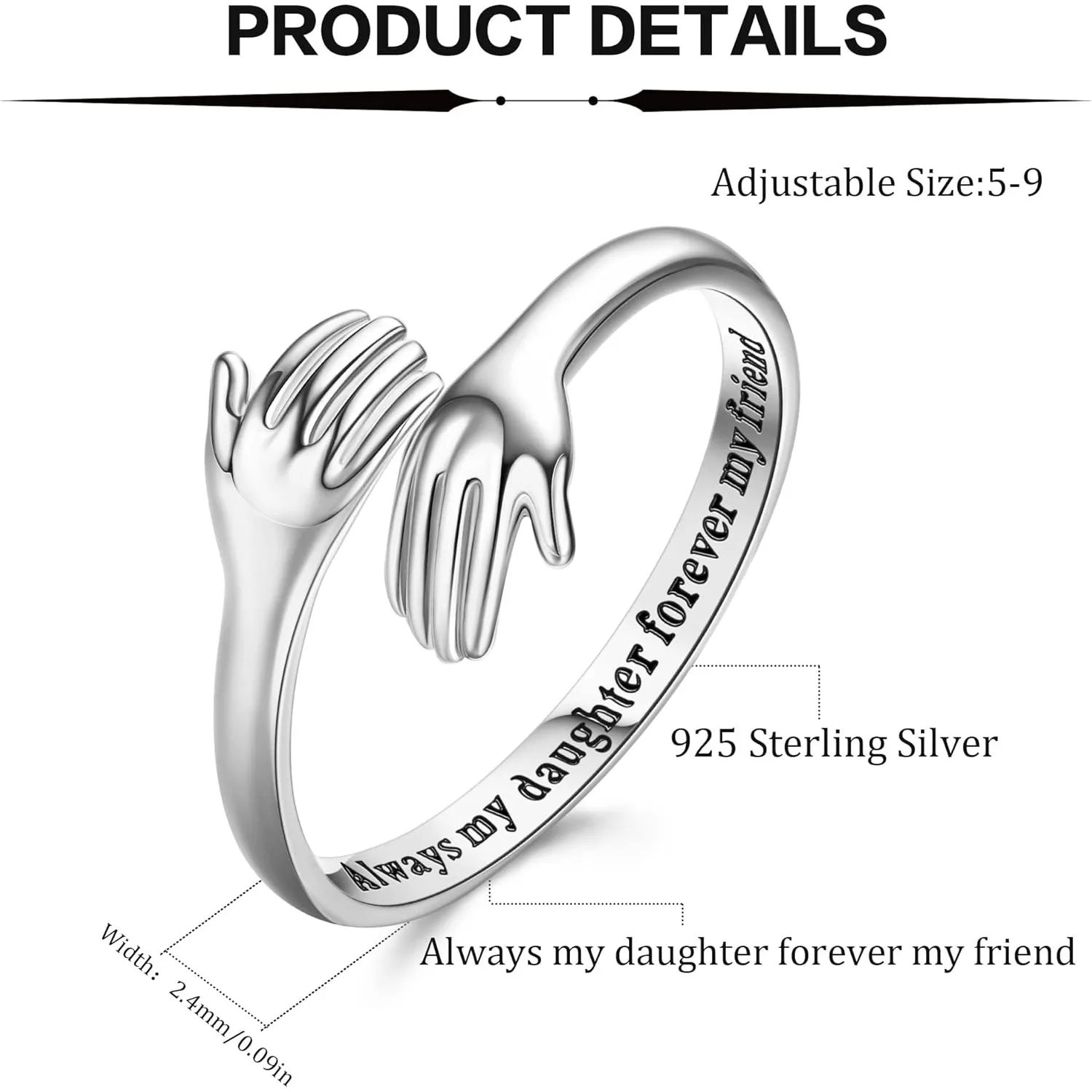 Fansilver S925 Sterling Silver Hug Ring for Women Adjustable Ring Promise Friendship Ring Birthday Gifts for Mom Wife Grandma