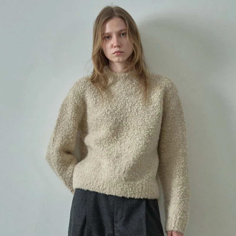 

Women's Alpaca Wool Sweater Autumn Winter Loose Knitted Warm round Ne Elastic SveLength Regular Sle Commute