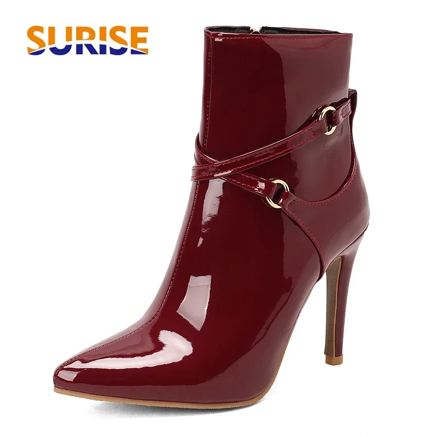 

Зимние женские ботильоны из лакированной кожи, красные, черные, на высоком тонком каблуке, платье, офисные женские короткие ботинки в стиле панк с пряжкой на молнии и острым носком