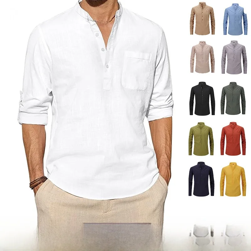 

Loose Fit Pure Cotton Long Sve irt Men's Henry Collar Linen Yoga Fitn T-irt Comfortable Breathable Casual Sle