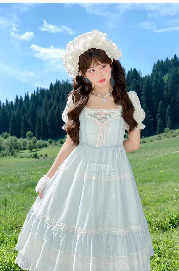 

French College Style Sweet Heavy Industry Long Dress Summer Lolita Dress Bubble Sleeve Square Neck Lace Princess Dress Dresses