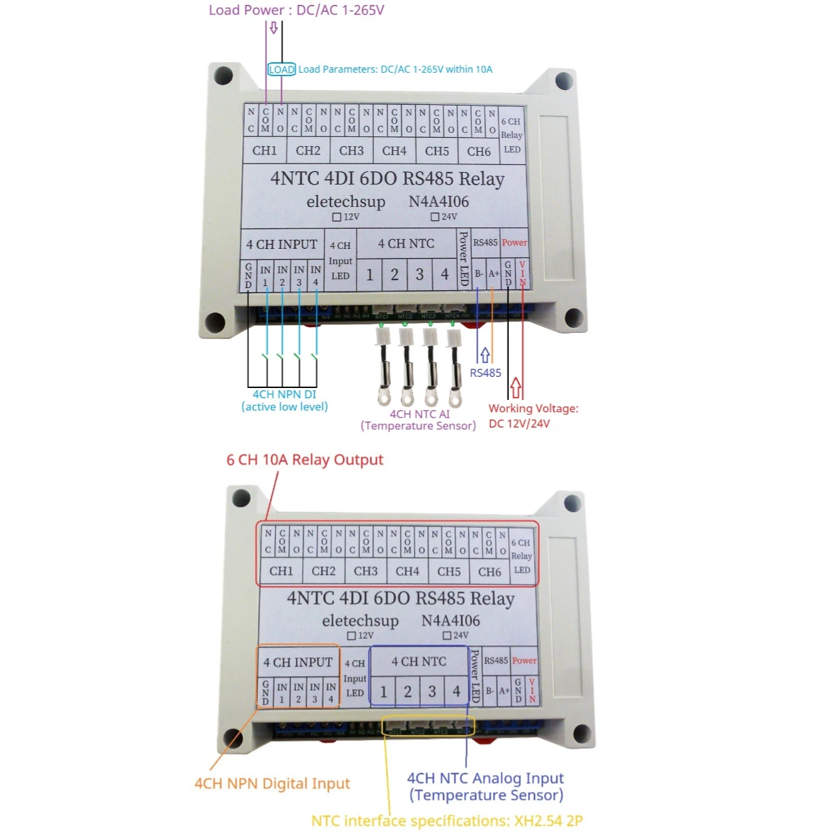 DC 12V/24V 14Ch 4NTC-4DI-6DO Multi-function Temperature collector PLC IO expansion board 10A Relay Output Module