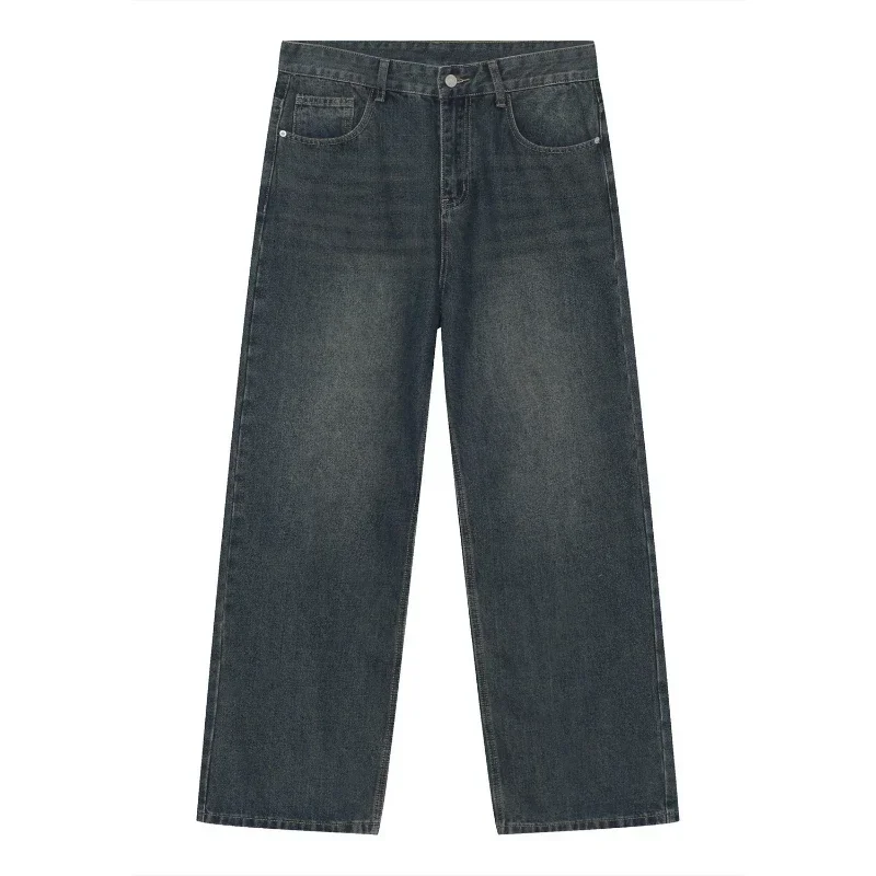 

Jeans Denim Pants Men Floor Length Pant Casual Loose Straight Trousers High Waist Regular Pockets Splice Simple Autumn 2024