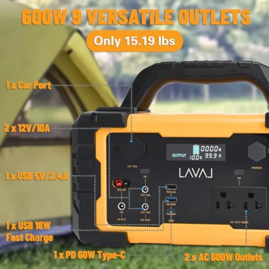 600W Portable Power Station 647Wh Backup Lithium Battery 120V/600W AC Outlet Solar Generator for Home RV Outdoor Camping and Em