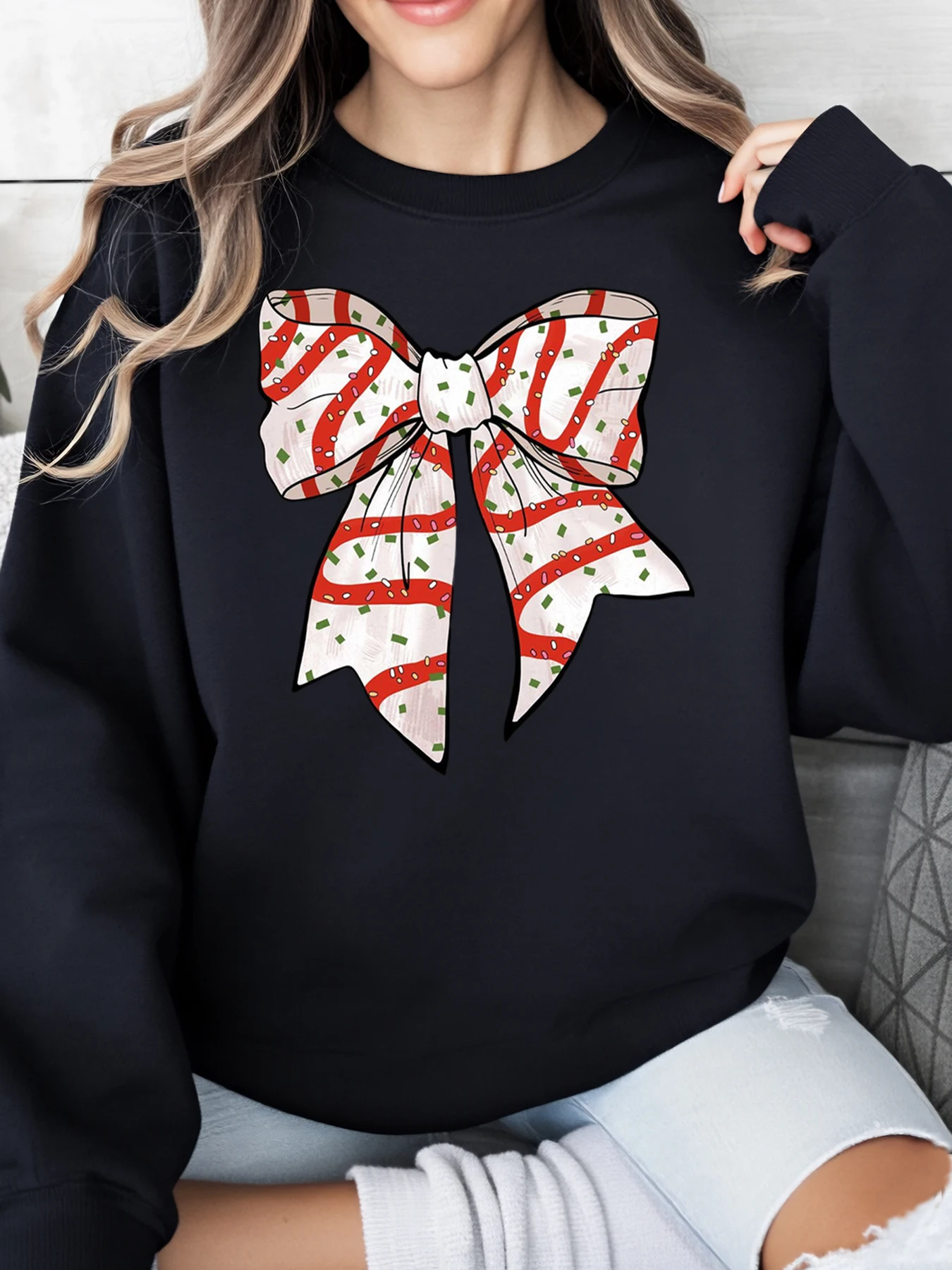 

Праздничный свитшот с рождественским бантом, женский повседневный зимний наряд, черный, больших размеров