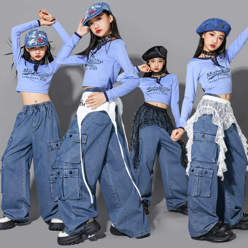 Ropa de baile de Jazz azul para niñas, Top corto, pantalones vaqueros de Hip Hop, traje para actuación en escenario Kpop, ropa de baile callejero para niños 2917