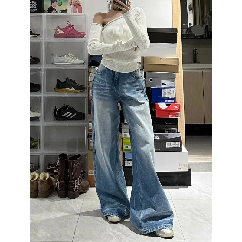 

Trendy 2025 Light Wash Creased High Waist Wide Leg Women Jeans Casual Stretch Comfort Fit Floor Length Straight Trousers