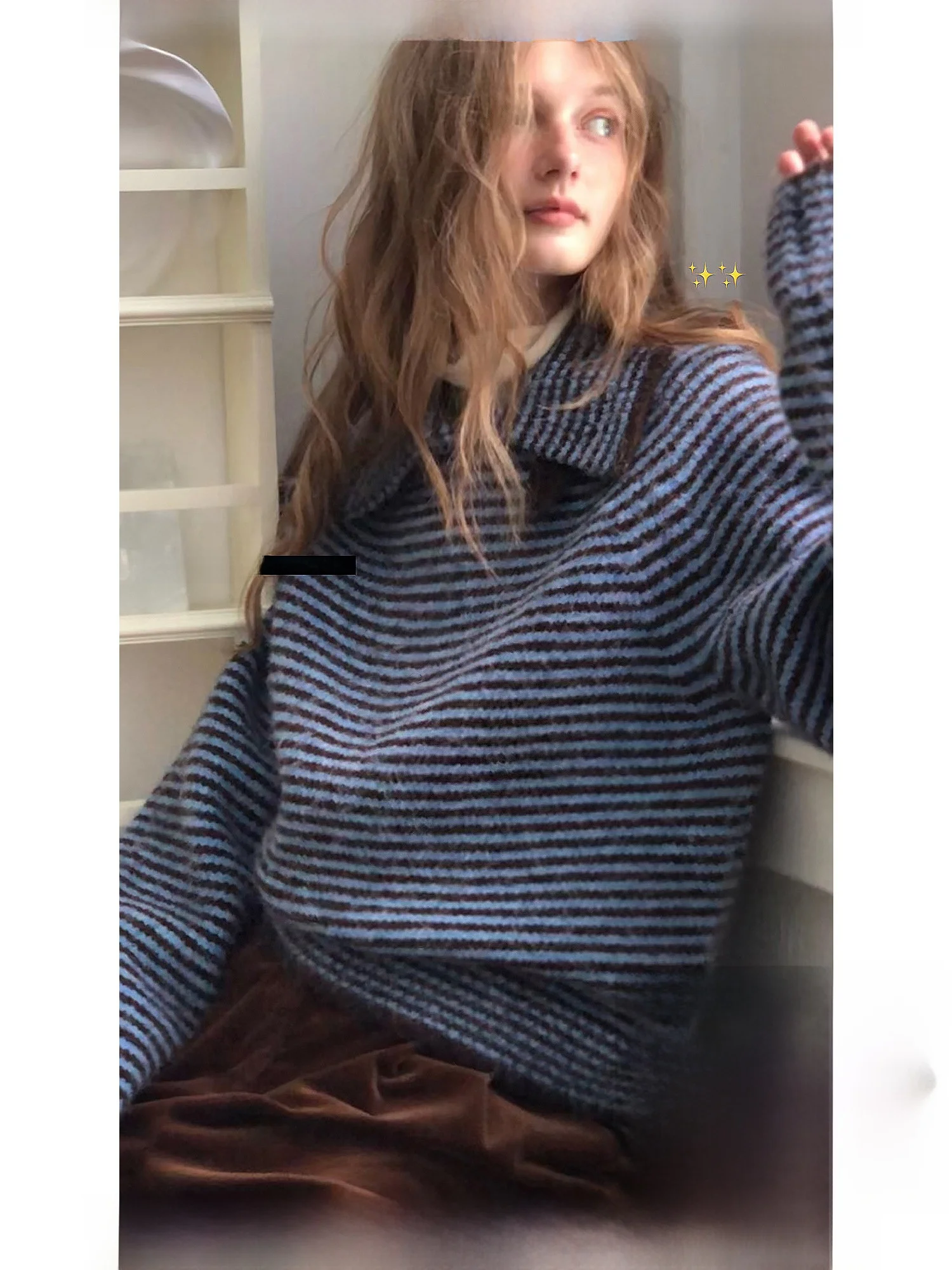 

Мягкий шерстяной свитер женский с отложным воротником, теплый, вязаный, в полоску, с цветовыми блоками, осенне-зимний, модный, для повседневной носки, свободного кроя