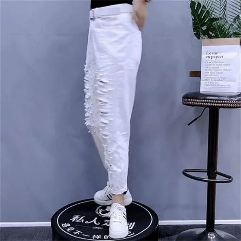 LIBIELIY 2025 New White Hole Beaded Jeans Female Spring Autumn High Waist Straight Denim Pants Ladies Casual Loose Lady Pants
