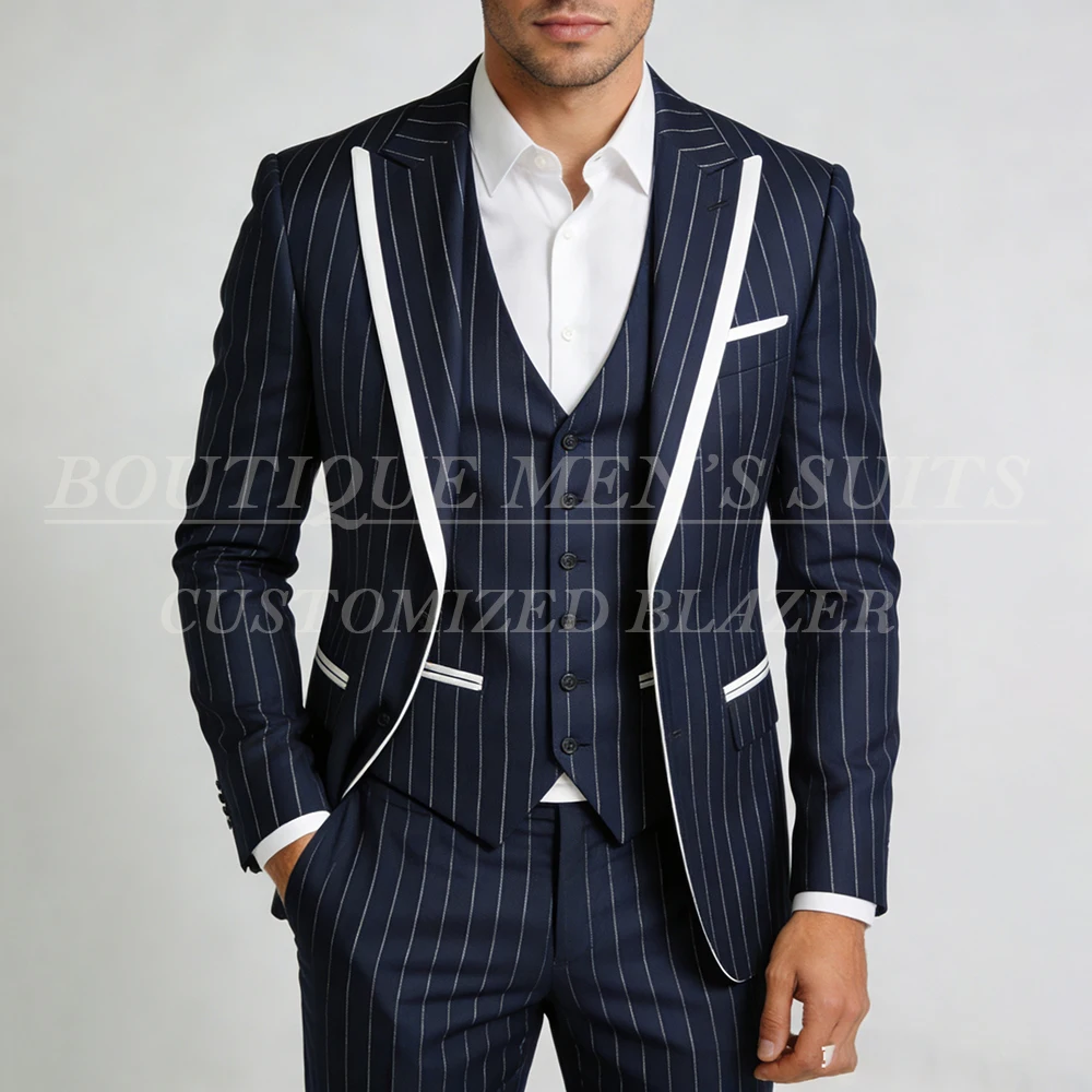 

Formal Men's 3 Piece Suits Bespoke Single Breasted Stripe Outfits Smart Casual Business Jacket Pants Vest High End Blazer