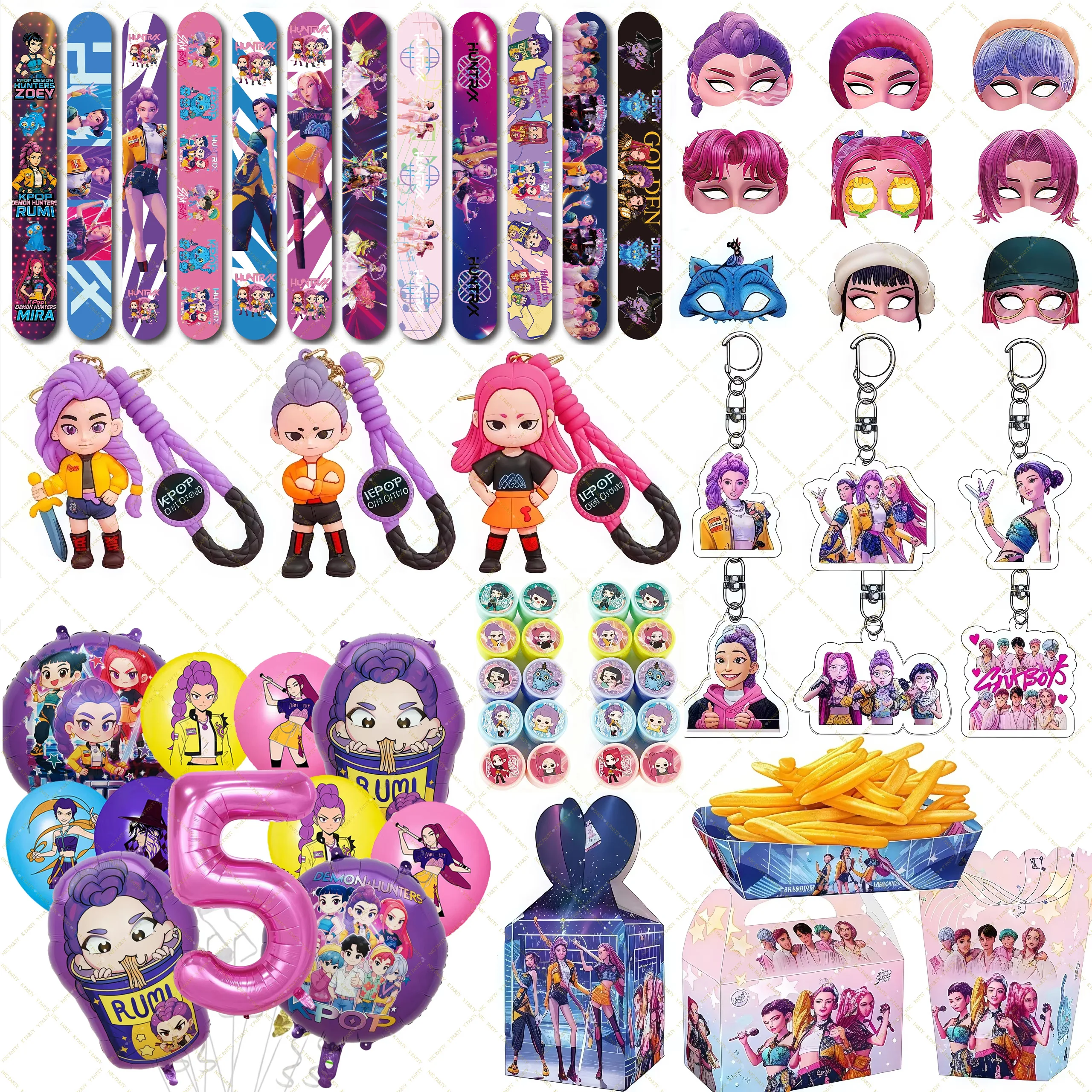 Kpop Demon Hunter : Ensemble de cadeaux pour fête d'anniversaire, comprenant des tampons, des bracelets slap, des porte-clés, un ensemble de ballons et un masque de cosplay pour enfants