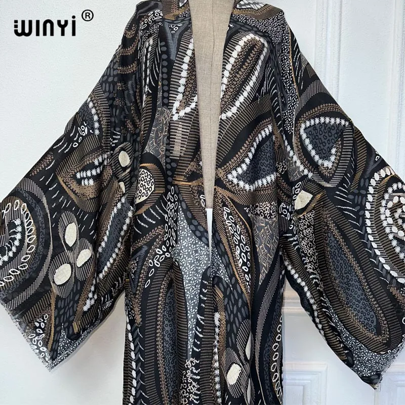 WINYI kimono odzież plażowa damska 2024 sukienka okrycie plażowe sweter wytłaczanie na gorąco nadruk Retro płaszcz abayas dubai luksusowy sukienka