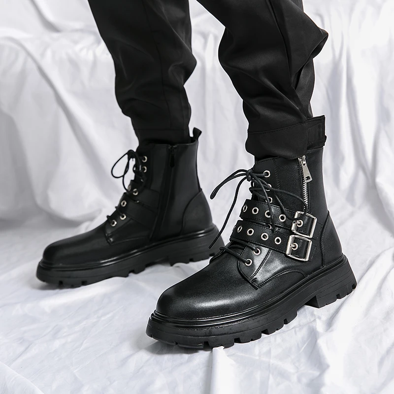 PU botas de motocicleta de cano alto preto masculino, alça de fundo grosso, botas Chelsea, treinamento ao ar livre, alta qualidade, novo, tamanho 38-44