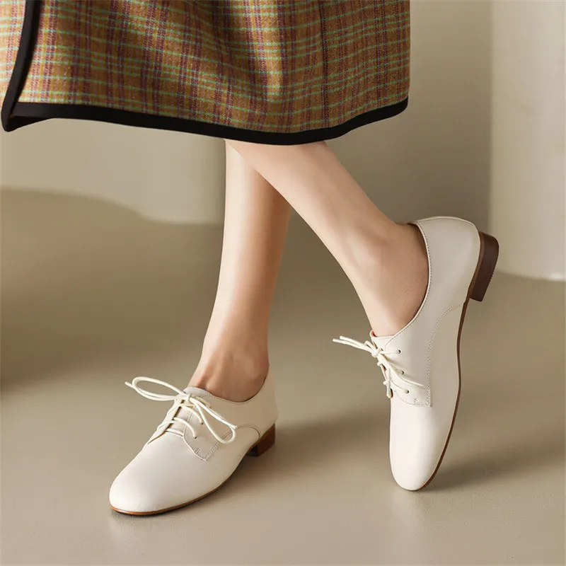 

Spring New Cow Leather Women Shoes Fashion Lace-Up Oxford Shoes Round Toe Soft Low Heel Shoes Woman Zapatos De Mujer Pumps