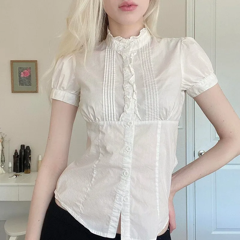 

2025 Spring and Summer New Shirt Women's French Fungus Edge Organ Pleated Girly Lolita White Pure Desire Top Short