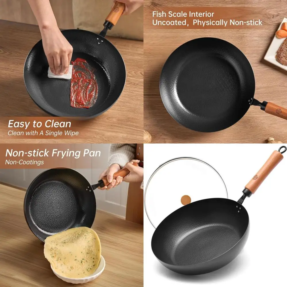 

11-Inch Carbon Steel rying Pan with ch Wooden Handle & Glass Lid - Physical Non-Stick, Non-Coating Skillet or Induction, Sautéin