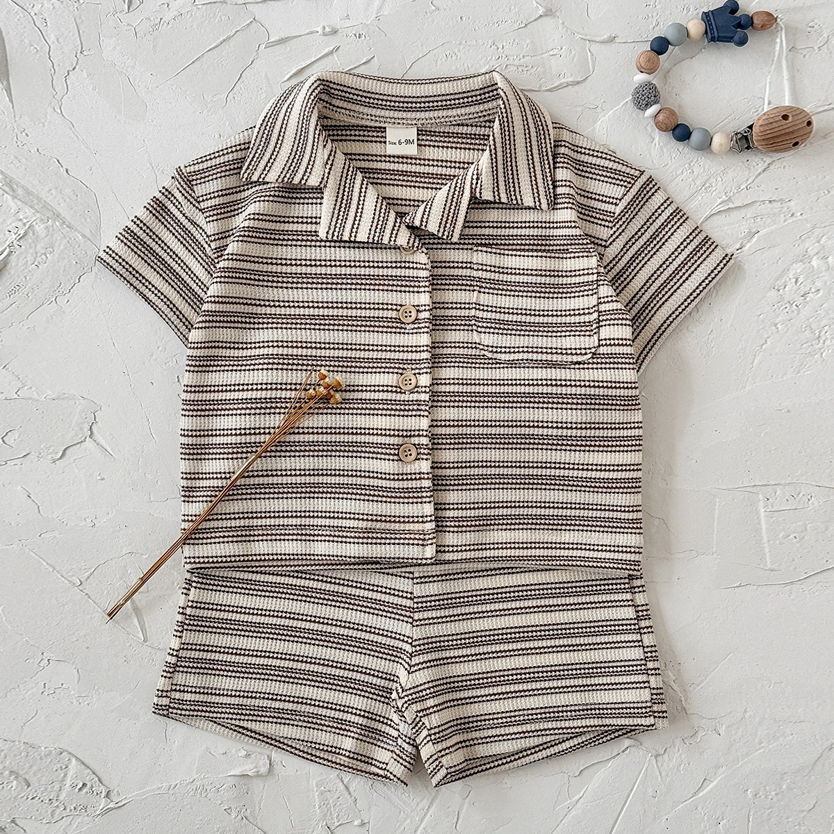 Baby Clothes Set Summer Solid Color Striped Casual Children's Short Sleeves + Shorts Suitable for Babies Aged 0-3 Years Old