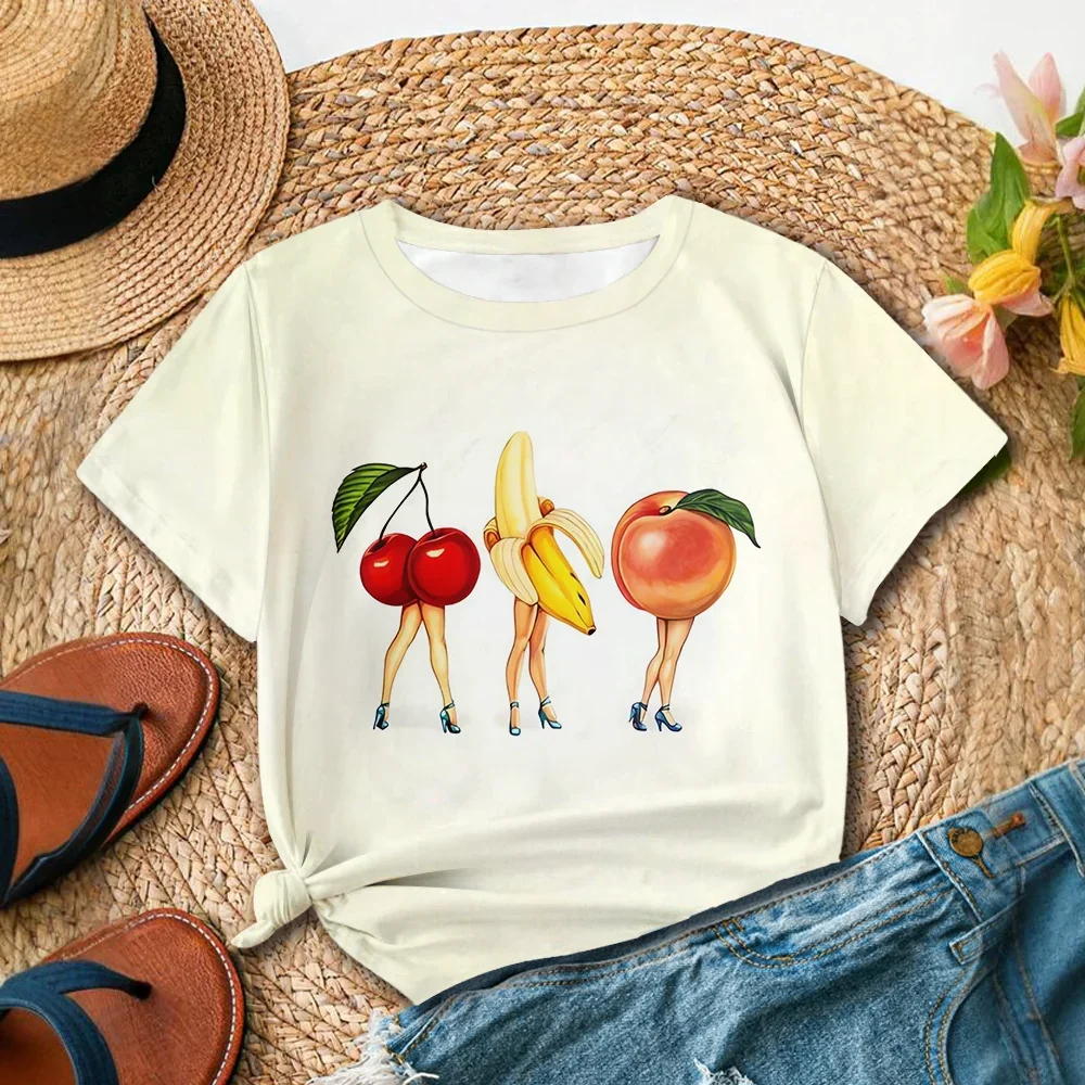 レディース ホワイト レッド イエロー オレンジ フルーツ ガールズ プリント T シャツ - 遊び心のあるファッション カジュアル サマー デザイン 半袖