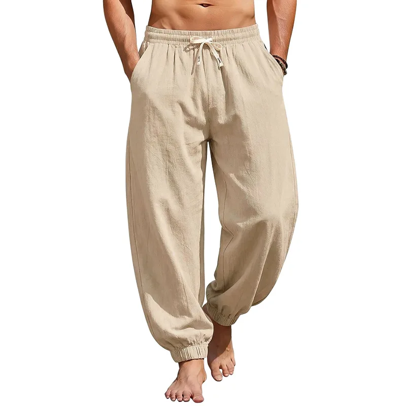 Europäische und amerikanische Freizeithose für Herren: Sommerliche Strand-Leinenhose in Übergröße mit Bündchen am Knöchel – Detail 38