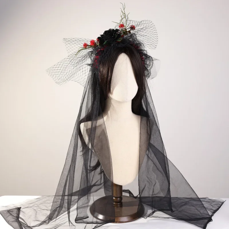 

Повязка на голову с цветком на Хэллоуин, головной убор, корона, вуаль с черной розой, готический обруч для волос, косплей, вечерние аксессуары с дьяволом для женщин, костюм