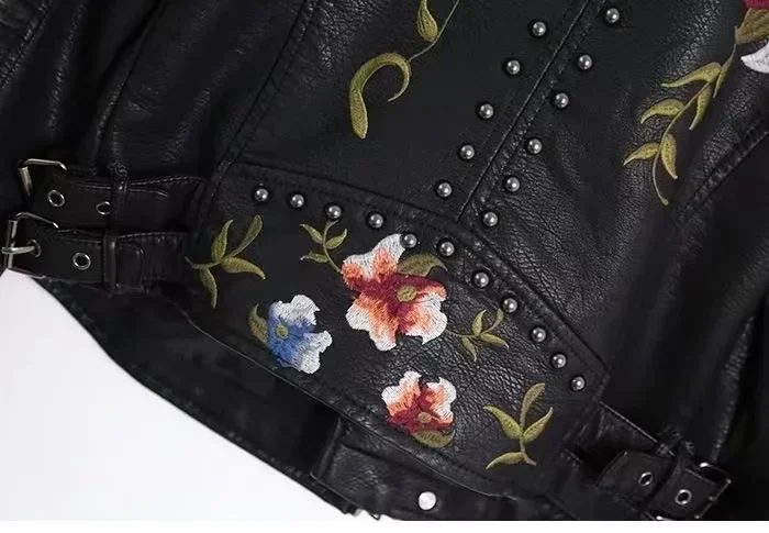 Floral Stickerei Faux Weiche Leder Jacke Frauen Frühling Herbst Winter Pu Motorrad Mantel Schwarz Punk Biker Niet Tasche Oberbekleidung