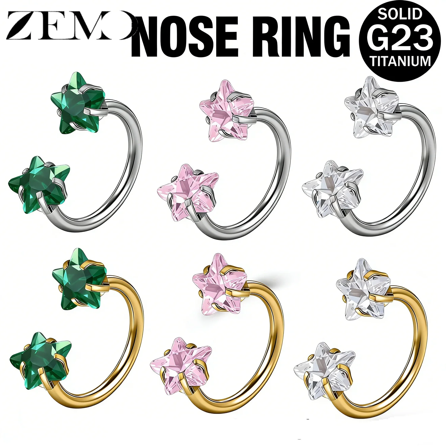 ZEMO 1 Stück ASTM F136 Titan Hufeisen-Nasenring Doppelstern CZ Kristall Septum Ring Ohrringe Helix Lippen-Nasenloch-Piercing 16/18/20G