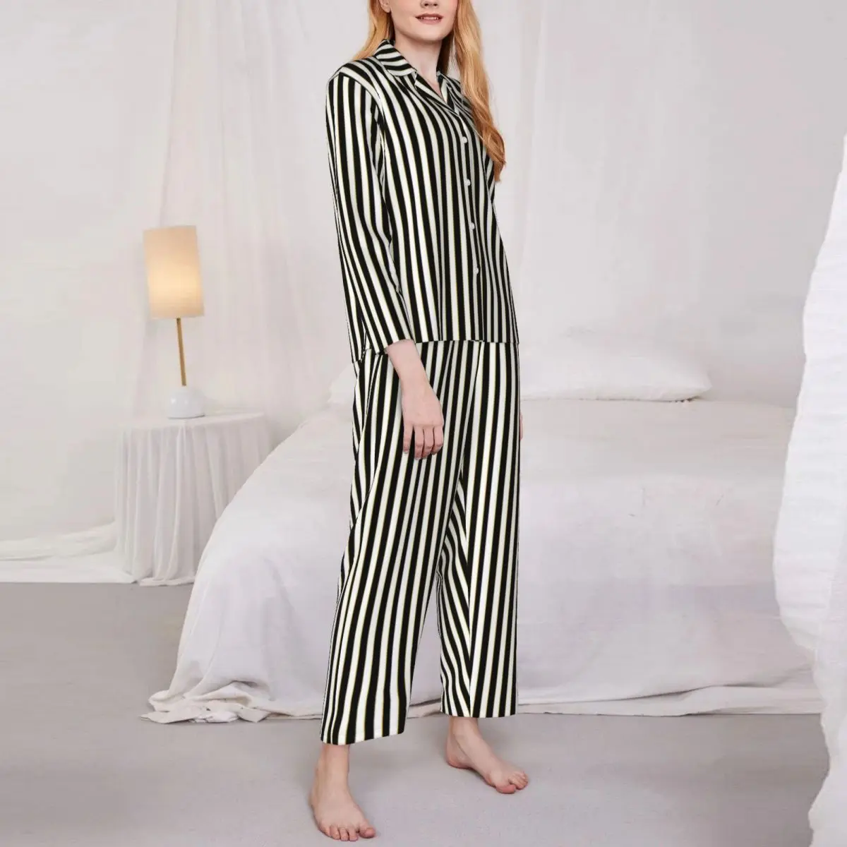 Pajamas Female Vertical Striped Bedroom Sleepwear Black White Lines Casual Pajama Set Long Sleeve Fashion Oversized Home Suit